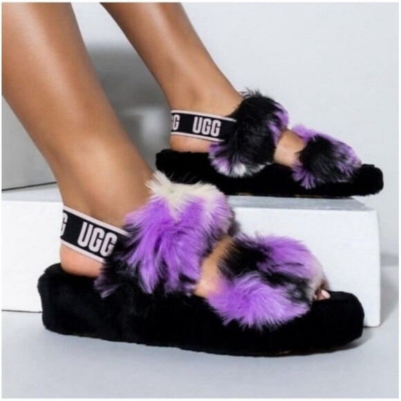 UGG Oh Yeah Slides Slippers Womens Size 11 Magnolia Tie Dye Purple Fluffy Soft - Picture 1 of 16